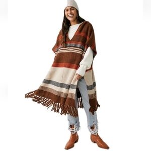 Free People Western Bohemian Leslie Stripe Poncho in Canyon Combo Brown One Size